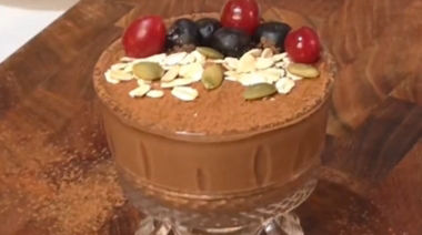 Creamy high-protein chocolate mousse topped with chocolate shavings